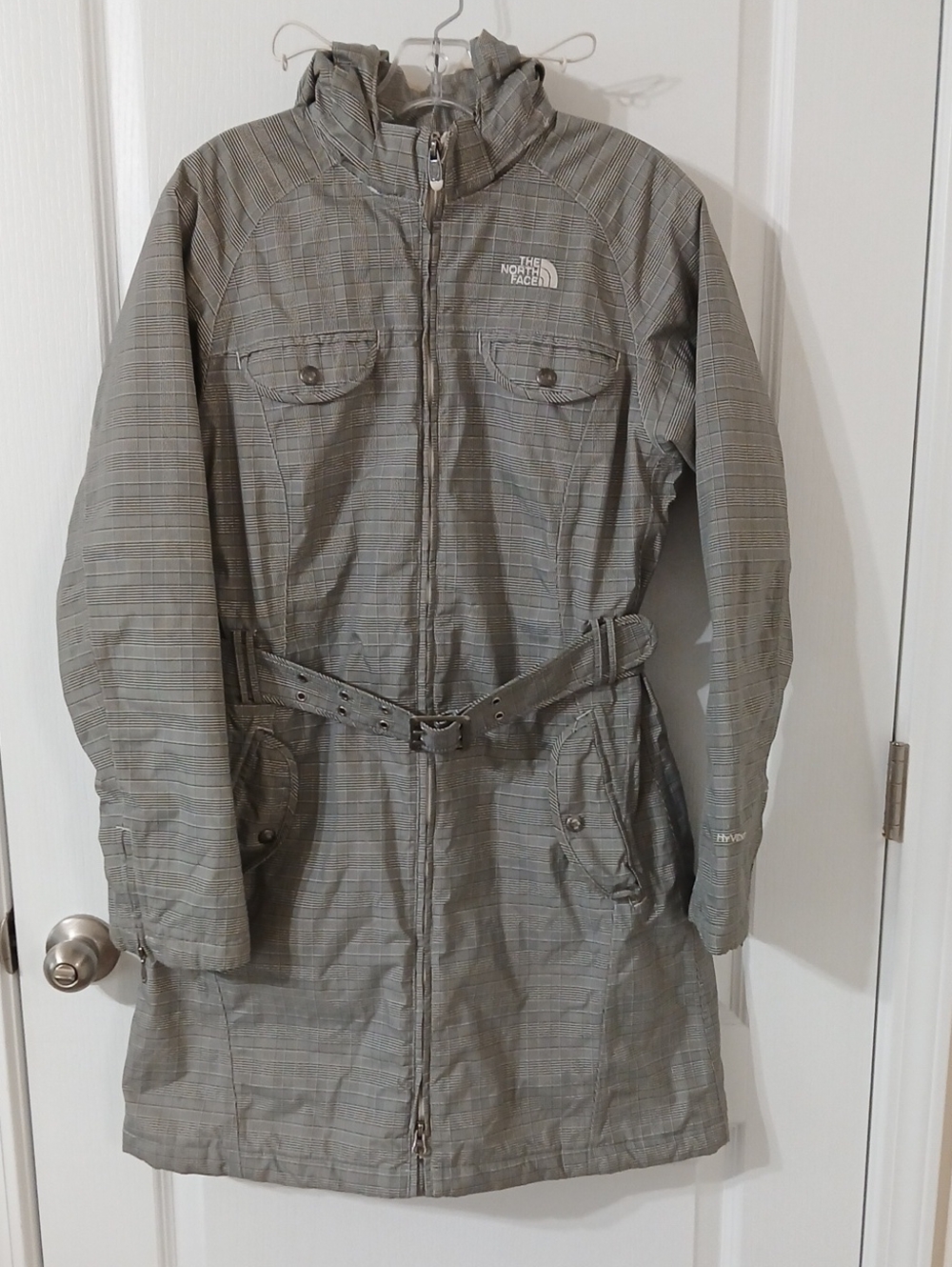 The North Face Women's Gray Plaid Hooded Trench Coat